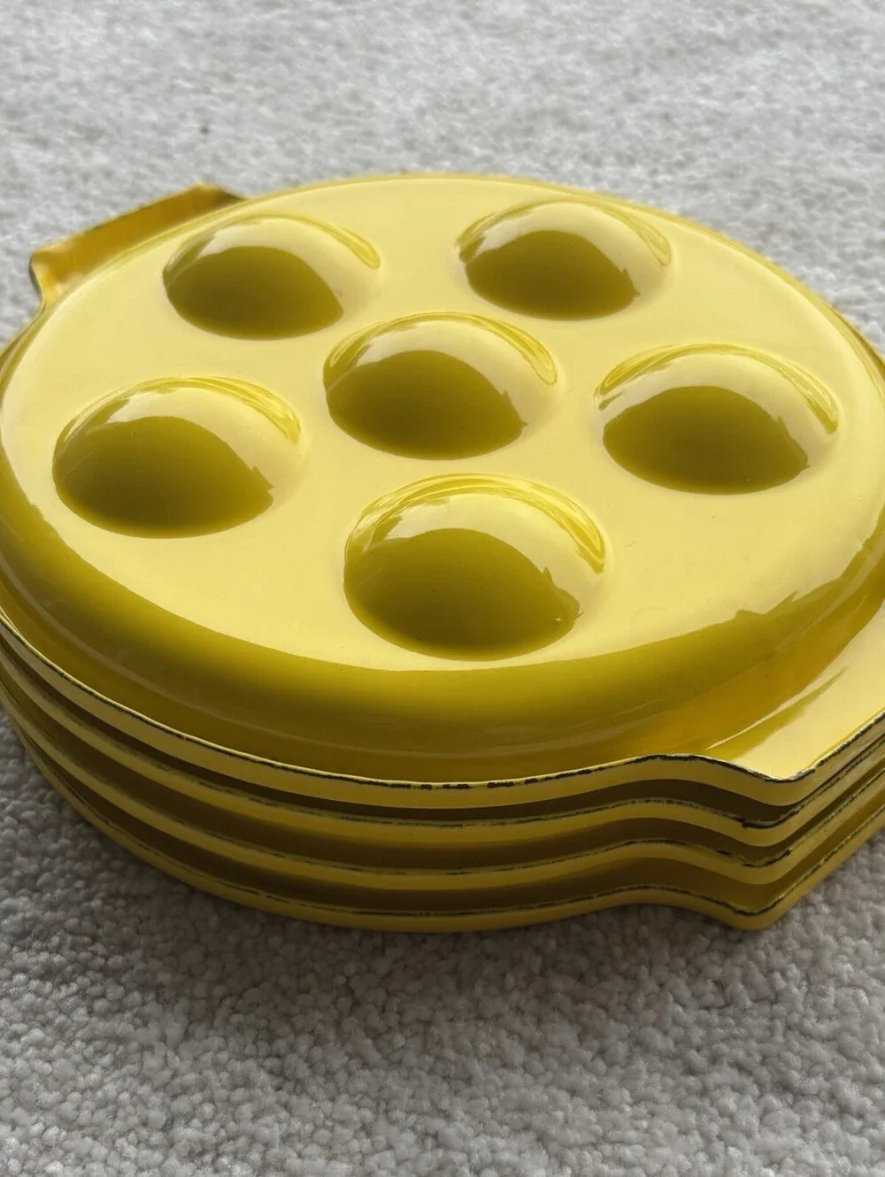 MCM Set Of 4 Yellow Enamel Escargot Trays With Set Of 4 Tongs